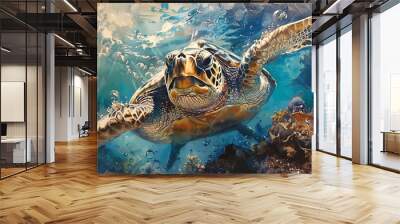 Write about a marine biologist who uses a portrait of a happy sea turtle to study the behavior and emotions of marine animals. What discoveries do they make, and how does the portrait contribute t Wall mural