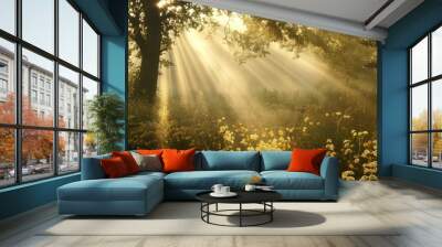 Sunbeams Through the Mist in a Tranquil Forest Wall mural