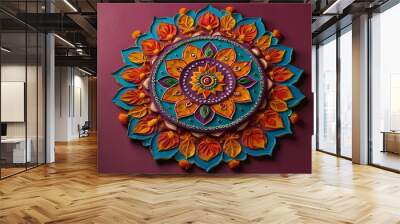 Traditional indian rangoli design with vibrant colors and festive decor on solid backdrop Wall mural