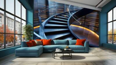 A bold, curved modern staircase featuring recessed lighting accents, blackened steel Wall mural