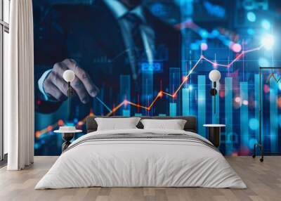 A business finance and investment background representing global business and data analysis concepts. Businessmen are seen working together, collaborating on economic graph growth charts Wall mural