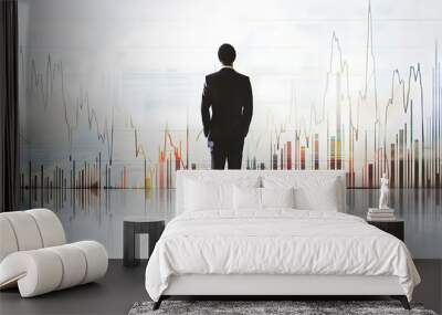 A businessman views a stock market graph from the back, set against a white background. Wall mural