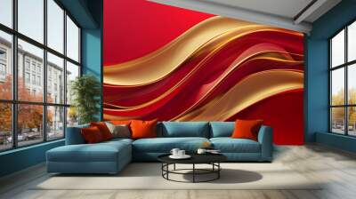 Abstract luxury red gold background with modern golden line wave design template. Wall mural