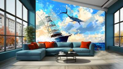 Big game fishing: A marlin leaps near the boat. Wall mural