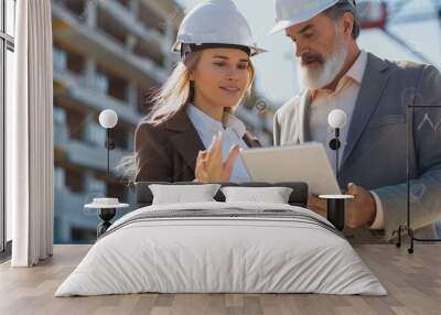 Businesswoman explaining to engineer standing with digital tablet at construction site Wall mural