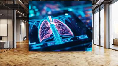 Doctors, hospital or tablet with lungs hologram in tuberculosis, cancer or heart analytics in night healthcare collaboration. Futuristic, abstract or breathing organ on technology for thinking women Wall mural