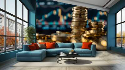 Financial investment concept with a stack of coins representing finance investors, alongside a trading graph showing growth. Themes include the stock market, banking and finance Wall mural