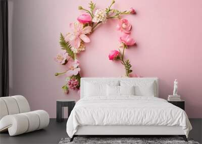 Happy Women's Day decoration concept made from flowers on a pink pastel background Wall mural