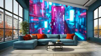 Modern digital art collage features hand holding smartphone, representing social media, application development, and technology concepts. Wall mural