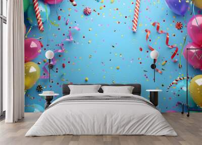 Multicolored carnival or birthday background on blue with a frame of colorful party balloons, streamers, confetti, and candy. Wall mural