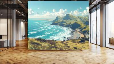 Scenic island landscape featuring beach hills, rocks, and the sea with the horizon in the background. Wall mural