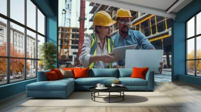 Two colleagues discussing data working and tablet, laptop with on on architectural project at construction site at desk in office Wall mural