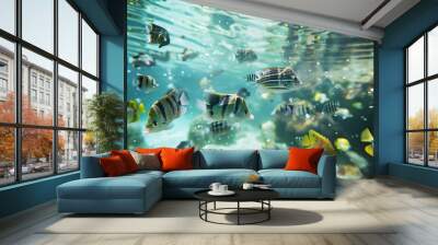 Underwater View with School of Fish: Underwater view showing a school of fish swimming  Wall mural