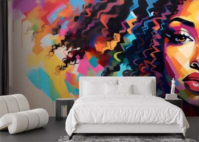 an African american woman face closeup with a lush curly hair multi color abstract portrait Wall mural