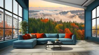 Majestic Mountain Range with Fall Colors and Misty Clouds Wall mural