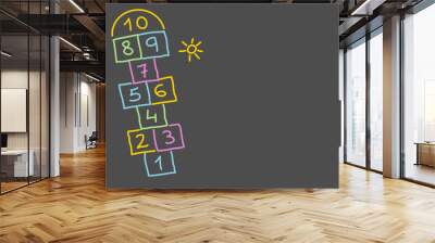 Childish hand drawn colorful hopscotch game with butterflies, flowers, and suns, on a dark background, creating a playful and fun design Wall mural