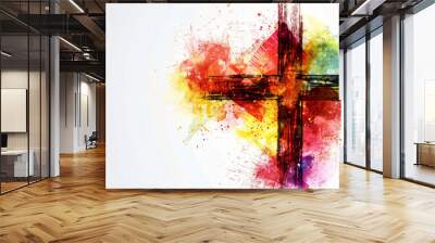 Colorful abstract cross illustration with paint splatters on a white background Wall mural