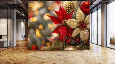 Red poinsettias and gold flowers with festive red ornaments against a background of glowing golden bokeh lights. Glamorous Christmas background. Wall mural