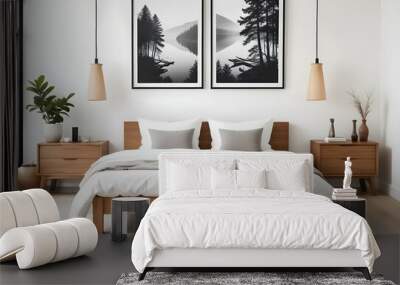 A minimalist bedroom with a wooden bed frame, white bedding, and two framed black and white nature photographs on the wall. The room has a warm, cozy atmosphere with wooden nightstands and pendant lam Wall mural