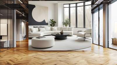 A modern and minimalist living room with a large white sectional sofa, a round black coffee table, and two white swivel chairs. The room has large windows that let in plenty of natural light. Wall mural