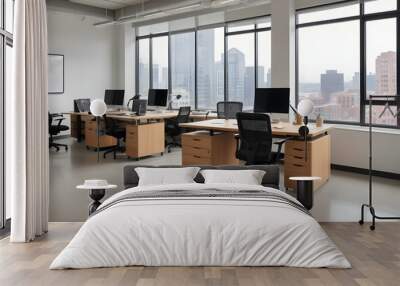 An office workspace with wooden desks, black office chairs, and a large window in the background Wall mural