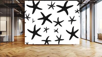 Black and white star fish seamless pattern. Summer marine animal background design. Vacation travel concept. Starfish flat cartoon backdrop illustration. Wall mural