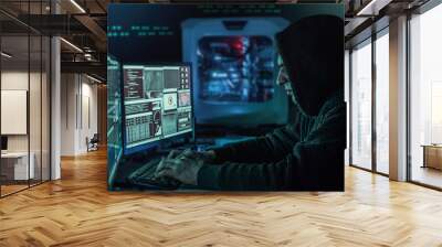 Dangerous hooded hacker in his hideout place which has a dark atmosphere, multiple displays Wall mural