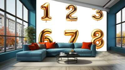 3D Render of Golden inflatable foil baloons set. Bright party decoration figures. Yellow numbers isolated on white background.	 Wall mural