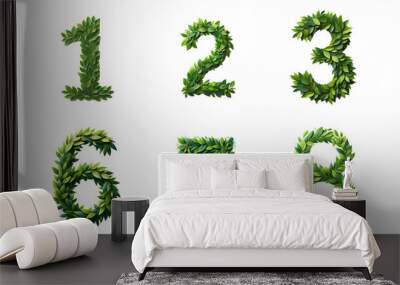 Fresh Leafy Numbers Collection, set of floral layout numbers made from fresh green leaves isolated on white background Wall mural