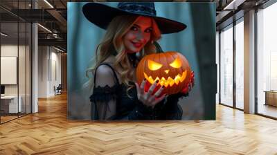 woman wearing a Halloween costume and holding a Jack-o'-lantern Wall mural