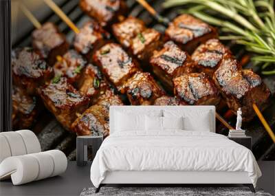  Arrange the beef skewers on a plate or a wooden board. The beef should be well-cooked, with a nice sear and visible grill marks. Wall mural