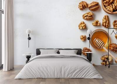  showcasing walnuts and honey, arranged with space for text on a clean, white background. Wall mural