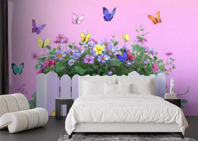 3D realistic flower box with a white picket fence and butterflies flying around, in a clipart style, isolated on a plain background design with pastel colors design Wall mural