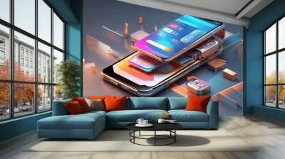 3D rendering. Futuristic online shopping technology digital payment from mobile phone design. Wall mural