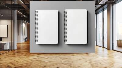 3D vector realistic mockup of two spiral notebooks with white and black paper design, front view, flat lay isolated on a grey background design. A mock-up template for design presentation,  Wall mural