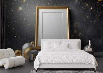 A 3D mockup poster with an empty blank frame hangs on a starry night background with silver and gold Christmas decorations above a celestial-inspired modern display room. Wall mural