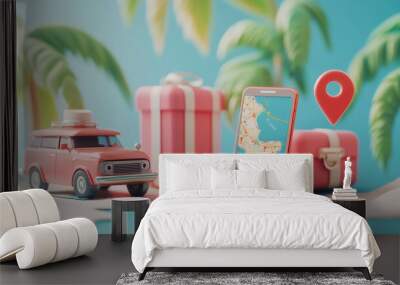 A cartoon-style 3D render mock-up featuring a beautifully arranged composition that evokes the idea of a summer road trip. The scene includes a map on a phone ready to pin the destination, set against Wall mural