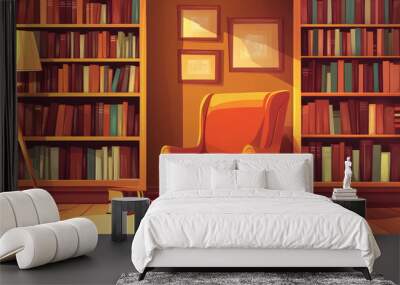 a cozy home living room or reading nook in a cartoon style, complete with bookshelves, a comfortable chair, and a warm, inviting ambiance Wall mural