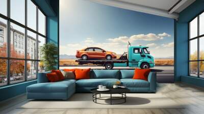 A generic unidentifiable car carried on a towing or recovery breakdown truck moving on the highway for repair or warranty services is imagined as a big banner design with copy space design. Wall mural