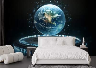 A holographic projection of the Earth on a black background design, with blue light and a green hologram with a pedestal design Wall mural