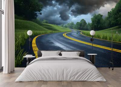 A long, straight road stretches into the distance, wet from recent rain with visible reflections on the asphalt. The sky is filled with dark, ominous storm clouds, and rain continues to fall, Wall mural