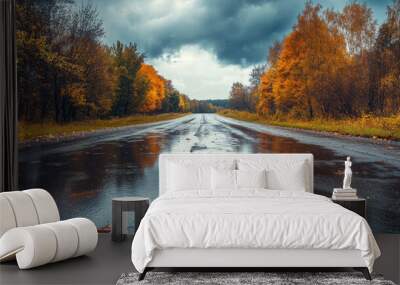 A panoramic view of a wet asphalt road in the countryside on a rainy summer day. Autumn rain fills puddles along the road, framed by a forest under a dramatic, cloudy sky.

 Wall mural