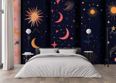 A vector set of hand-drawn, bohemian-inspired seamless patterns, featuring mystical elements such as constellations, suns, moons, magic stars, and abstract symbols.  Wall mural