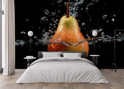 A vibrant green pear plunges into a splash of water against a black background, creating dramatic splashes and ripples around it. The water droplets and waves are frozen in mid-motion,  Wall mural