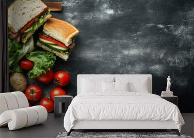 A visual featuring a lunch box with a sandwich and vegetables, set against a chalkboard background. Wall mural