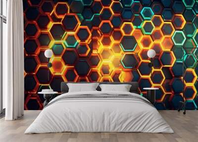 Abstract background with a hexagon pattern and glowing lights. Wall mural