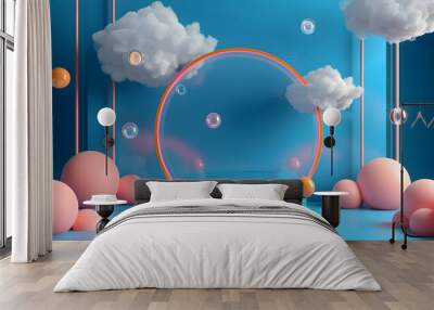 an abstract cloud illuminated with a neon light ring on a night sky. Glowing geometric shape, round frame. Abstract background,3d render,  design Wall mural