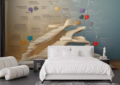 An educational roadmap depicted by the book evolves into steps, each marked with vital resources, leading to academic triumph on a transparent backdrop design. Wall mural