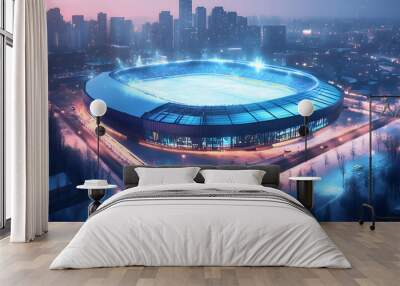 An isometric 3D smart stadium building with a highly technological aesthetic and a dynamic lighting scheme for a truly futuristic and technologically  design, advanced sports arena design Wall mural