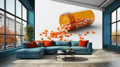 Assorted Pills Spilled from an Amber Bottle on a White Background Design. 3D Rendering design Wall mural